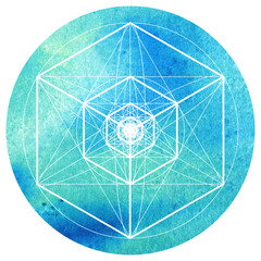 Wall Mural - sacred geometry symbol on colorful watercolor circuar background. alchemy, religion, philosophy, ast
