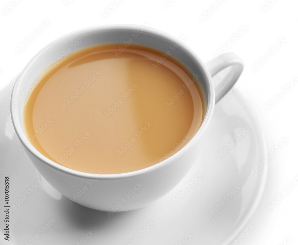 Porcelain cup of tea with milk isolated on white background