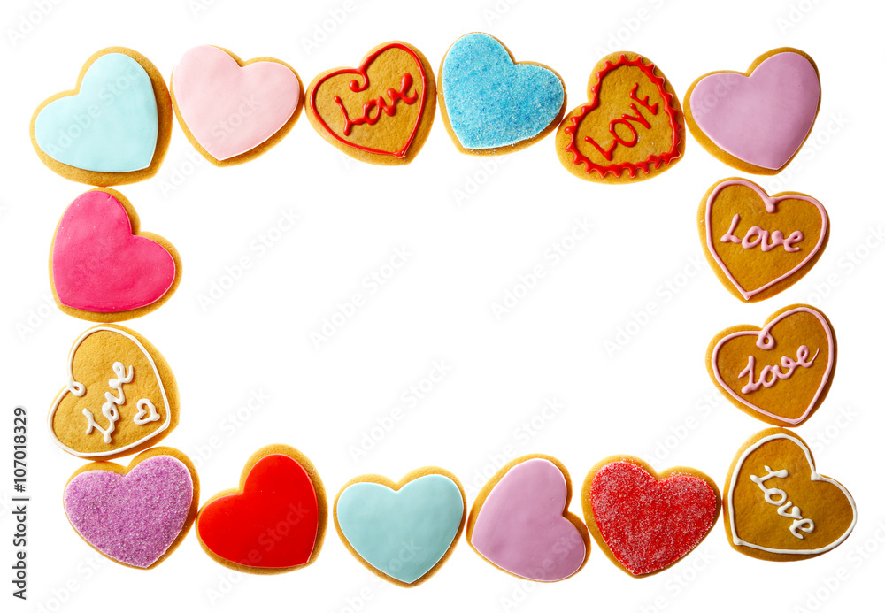 Colorful Valentine heart cookies isolated on white