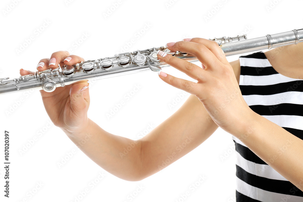 Woman with flute isolated on white