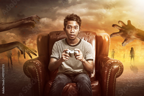 Gamer Playing Zombie Games Wallpaper Mural
