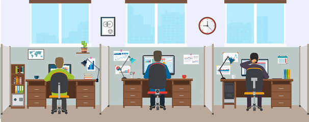 Office a working interior, workstation. People work in the workp