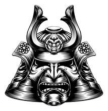 Samurai Mask Woodcut Style