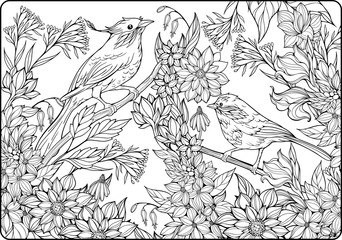 two birds on branches and lots of flowers