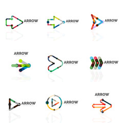 Set of linear arrow abstract logos, connected multicolored segments lines in directional pointer figures