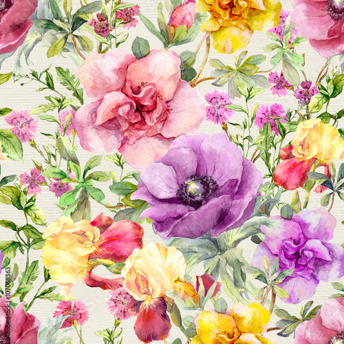 Cotton fabric Blumen auf Wiese. Nahtlose Blumenmuster. Aquarell