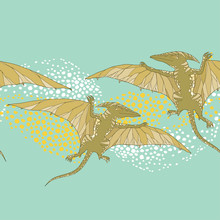 Seamless Pattern With Pterodactyl Or Wing Lizard From Suborders Of Pterosaurs On The Green Background. Series Of Prehistoric Dinosaurs. Background With Fossil Animals And Reptiles In Contour Style.