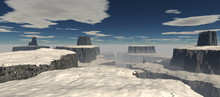 Views Of The Snow-covered Plateau With Fog. High Above The Ground. The Daytime