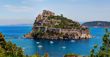 Aragon Castle. Hieron I Of Syracuse Built The Fortress In 474 B.C. In 1441 Alfonso Of Aragon, Rebuilt The Old Castle, Linking To The Main Island By The Stone Bridge. Ischia Island, Italy.