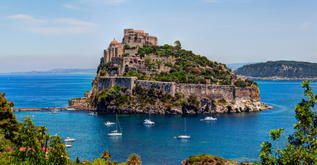 Aragon castle. Hieron I of Syracuse built the fortress in 474 B.C. In 1441 Alfonso of Aragon, rebuilt the old Castle, linking to the main island by the stone bridge. Ischia island, Italy.