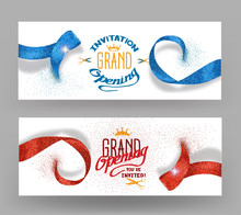 Grand Opening Banners With Abstract Red And Blue Ribbons