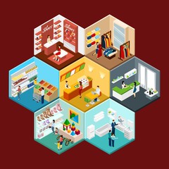 Sticker - Shopping Mall Hexagonal Pattern Isometric Composition 