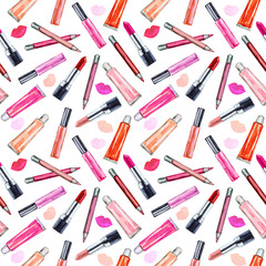 Seamless watercolor pattern with colored lipstick and gloss lip.