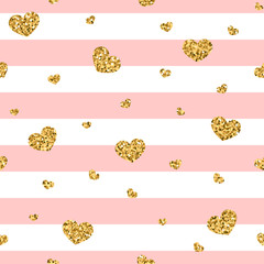 Wall Mural - golden hearts stripes seamless pattern. gold glitter and pink template. abstract texture. retro. val