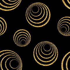 Wall Mural - Gold concentric circle seamless pattern Golden glitter on black background. Abstract geometric texture Retro Vintage decoration. Design graphic wallpaper, wrapping, fabric, textile Vector Illustration