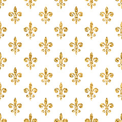 Wall Mural - Golden fleur-de-lis seamless pattern. Gold glitter and white template. Floral texture. Glowing fleur de lis royal lily. Design vintage for card, wallpaper, wrapping, textile, etc. Vector Illustration.