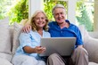 © WavebreakMediaMicro - Senior couple holding laptop while sitting on sofa at home