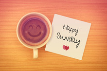 Happy Sunday On Paper Note With Coffee Cup,top View.