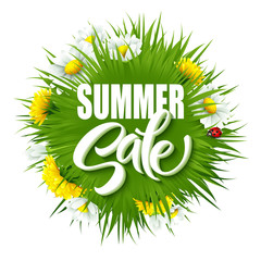 Wall Mural - Summer sale  lettering background with summer green grass and flowers. Vector illustration