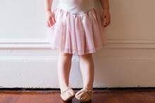 Toddler In Pink Tutu And Ballet Shoes Standing In Vintage Hallway (cropped)