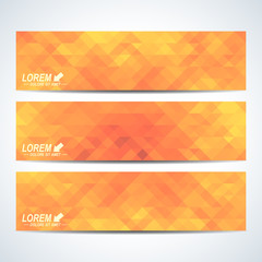 Poster - Yellow set of vector banners. Background with blue triangles. Web banners card, vip, certificate, gift, voucher. Modern business stylish design