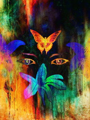 Leinwandbilder - woman eyes with flower and butterfly, color pencil drawing, eye 