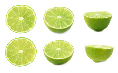 Wall Mural - Set of ripe lime cuts in half isolated over the white background, three different foreshortenings