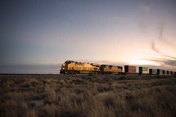 Cargo train traveling through desert