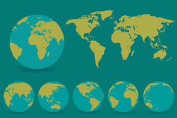 Poster - set of globes with different continents and a map earth