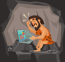 Caveman Using Laptop. Vector Flat Cartoon Illustration