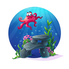 Wall Mural - Underwater cartoon comic octopus on rocks in ocean