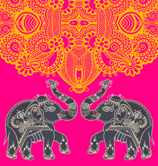 Canvas Print - original indian pattern with two elephants for invitation, cover