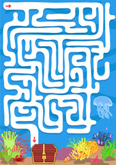 Wall Mural - Vector maze game with find treasure underwater