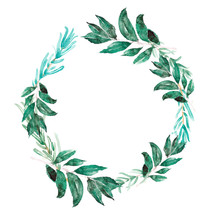 Laureate Wreath In Trendy Watercolour Style With Green Splashing. Laurel Wreath Branches For Wedding Card. Template Wedding Invitation. Bay Leaf Garland Illustrations. Bays For Cooking Class Banner.