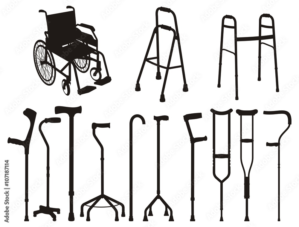 Vector set  silhouettes of sticks and crutches - obrazy, fototapety, plakaty 