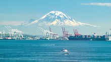 Seattle Washington Cargo Seaport With Dramatic Mount Ranier Tacoma Tahoma Mountain Backdrop