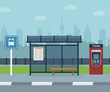 Bus stop with city background . Vector illustration. Flat design
