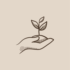 Sticker - Hands holding seedling in soil sketch icon.