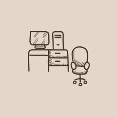 Poster - computer set with table and chair sketch icon.