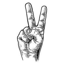 Female Hand Sign Victory Sign , Or Peace Sign Or Scissors.  Vector Black Vintage Engraved Illustration Isolated On A White Background. For Web, Poster, Info Graphic