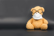 A plush teddy bear in a medical mask