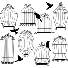 Birdcages And Birds Silhouette Set