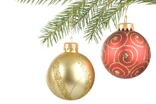 Two Red And Gold Christmas Ball Ornaments Isolated On White