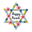 Pesach Passover greeting card with jewish star and flowers, vector illustration background