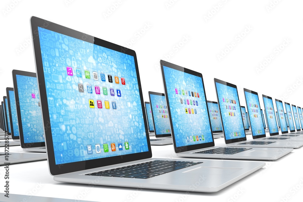 many laptop on white background. 3d rendering. Stock Illustration ...