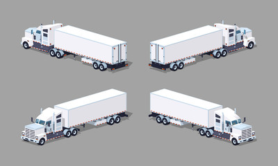 Wall Mural - Heavy american white truck with the trailer. 3D lowpoly isometric vector illustration. The set of objects isolated against the grey background and shown from different sides