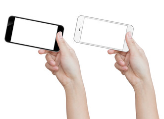 Fototapete - hand holding phone isolated on white clipping path inside image