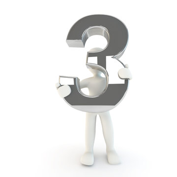 3D Human character holding silver number three