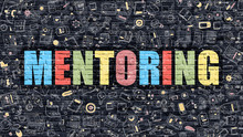 Mentoring. Multicolor Inscription On Dark Brick Wall With Doodle Icons Around. Mentoring Concept. Modern Style Illustration With Doodle Design Icons. Mentoring On Dark Brickwall Background.