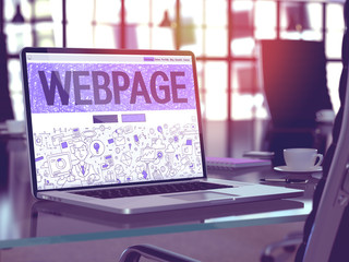 Poster - Webpage - Closeup Landing Page in Doodle Design Style on Laptop Screen. On Background of Comfortable Working Place in Modern Office. Toned, Blurred Image. 3D Render.